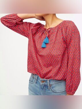 J. Crew Red Printed Peasant Blouse with Blue Tassels